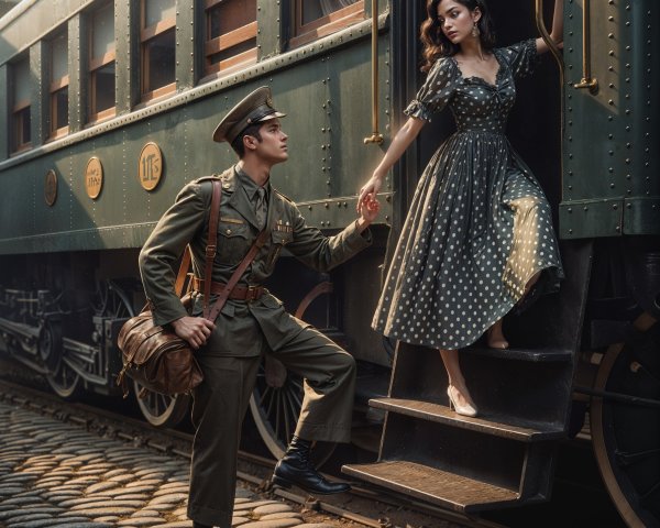 Soldier Assists Woman onto Classic Train at Sunset