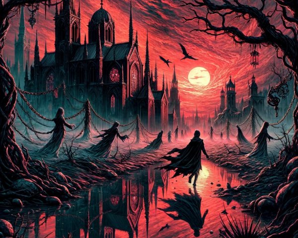 Gothic Landscape with Eerie Cathedral and Shadows