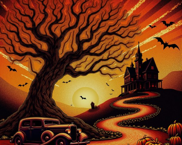 Halloween Scene with Tree, Mansion, and Pumpkins