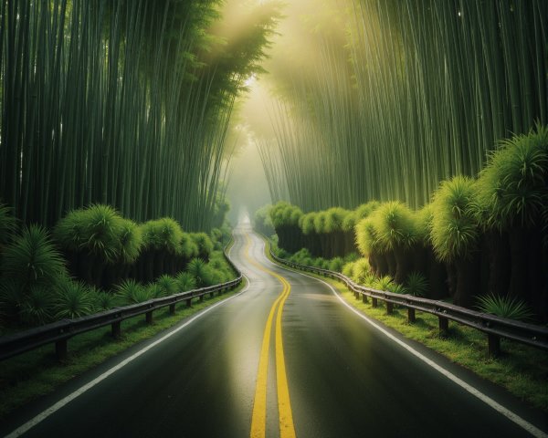 Winding Road Through Lush Bamboo Forest Canopy