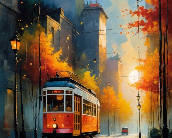 Vintage Tram in Autumn City Scene with Sunlight