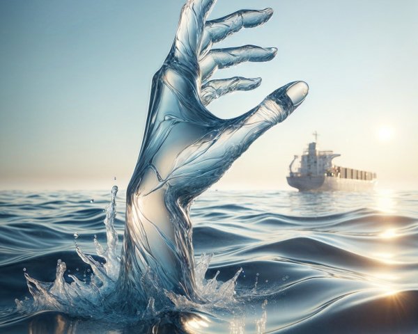 Translucent Hand Emerging from Serene Water at Sunrise
