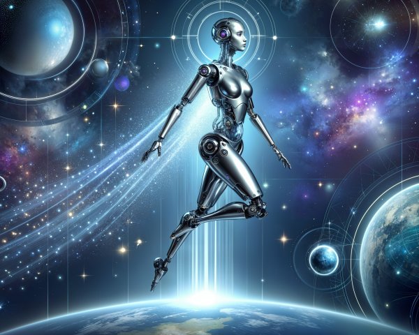 Futuristic Robot Hovering in a Vibrant Cosmos