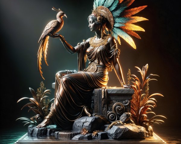 Regal statue with feathers, jewelry, and a bird