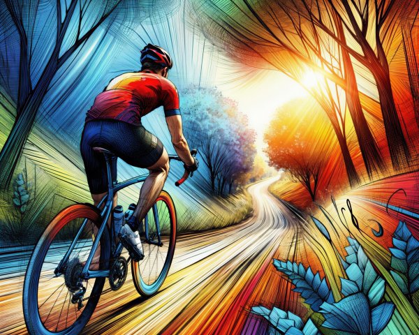Cyclist on a vibrant sunlit path with abstract trees