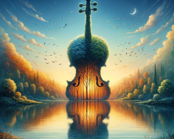 Giant Greenery Violin by a Serene Lake at Sunset