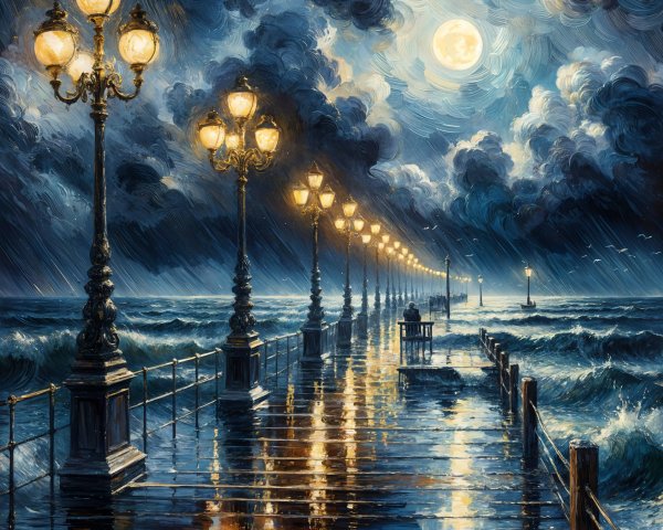 Serene Night Scene with Pier and Dramatic Clouds