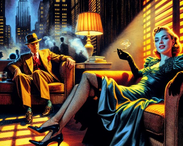Glamorous Woman and Man in Vintage Noir Setting