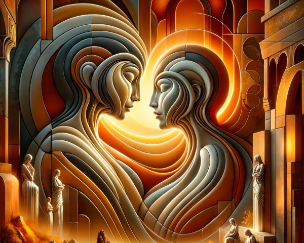 Stylized Intertwined Female Figures with Abstract Patterns