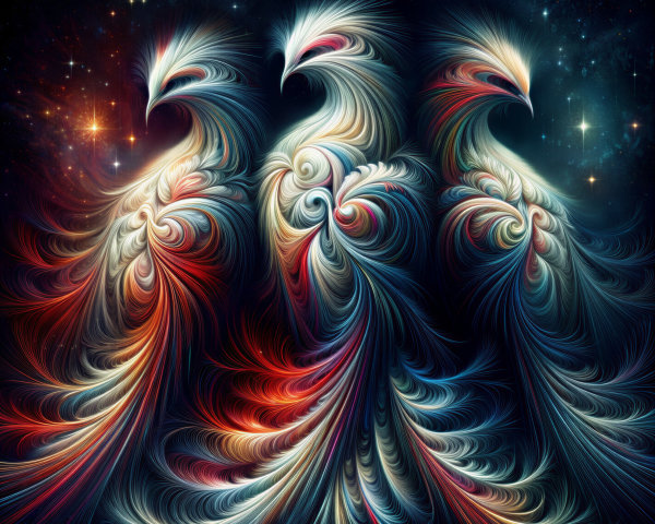 Stylized Phoenixes in Vibrant Patterns Against Stars