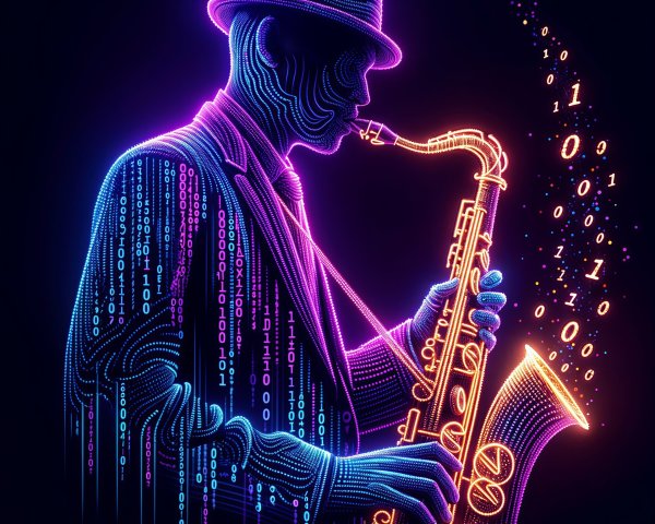 Saxophonist Silhouette in Neon with Binary Code Elements