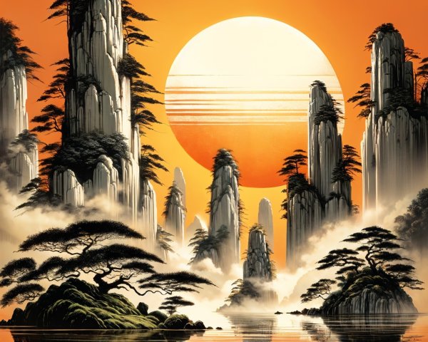 Towering Rock Formations at Vibrant Sunset Landscape