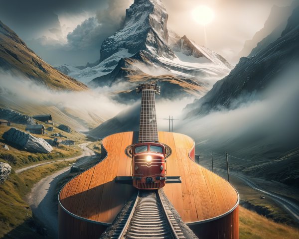 Surreal Landscape with Giant Guitar and Train Fantasy