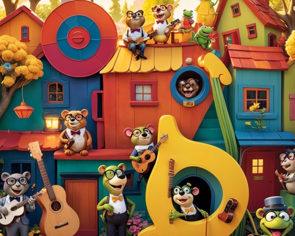Whimsical Scene of Bears and Frogs Playing Music