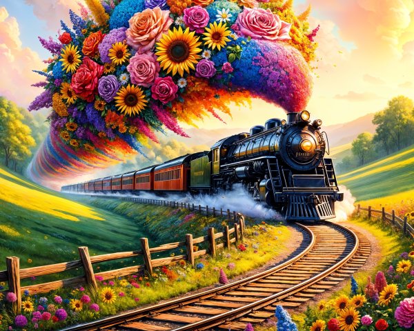 Vibrant landscape with steam locomotive and colorful flowers