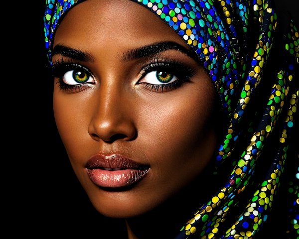 Portrait of a Woman with Brown Skin and Green Eyes