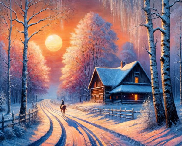 Cozy Cabin in Serene Winter Landscape with Moonlight