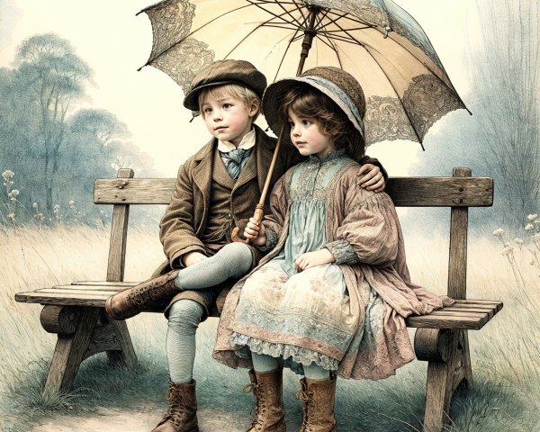 Children Sharing a Vintage Umbrella in Nature