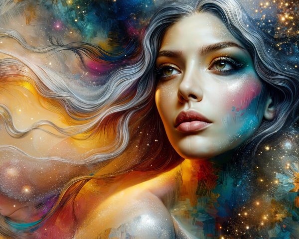 Woman with Silver Hair in Cosmic Background