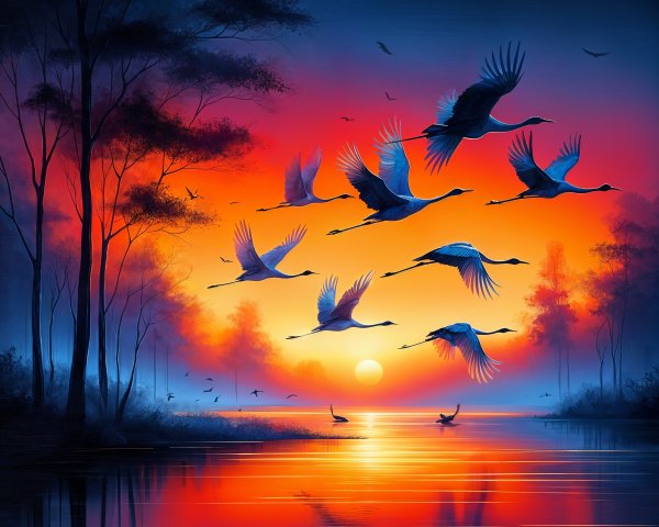 Vibrant Sunset Over Water with Silhouetted Trees and Cranes