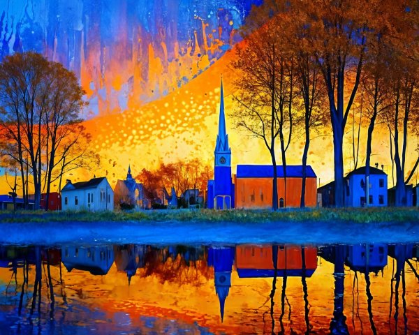 Vibrant Sunset Over Tranquil Lake and Village Houses