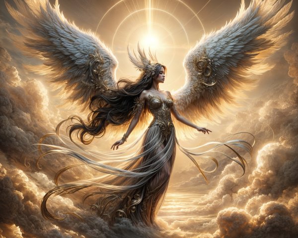 Majestic figure in golden armor with ethereal wings