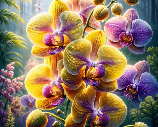 Vibrant Orchids in a Misty Enchanting Forest