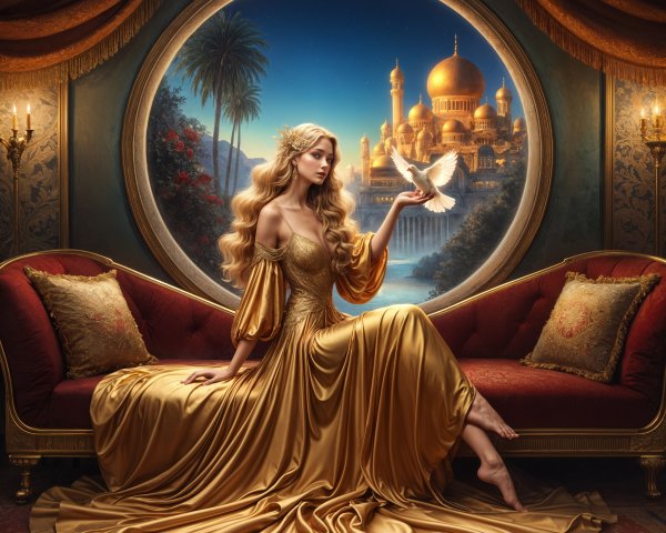 Serene Woman in Golden Gown with White Dove on Sofa