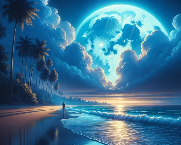 Moonlit Beach Scene with Silhouetted Figure and Palms