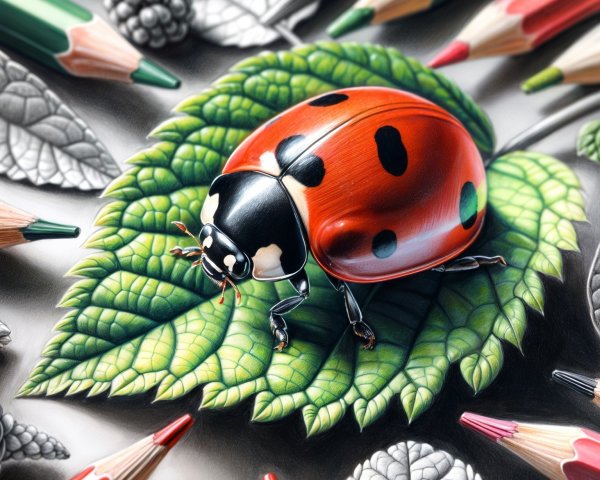 Vibrant Red Ladybug on Green Leaf with Artistic Elements