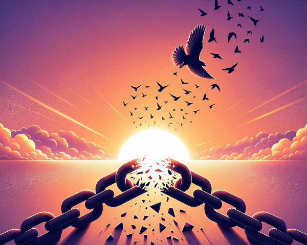 Dramatic Sunset with Breaking Chain and Soaring Birds