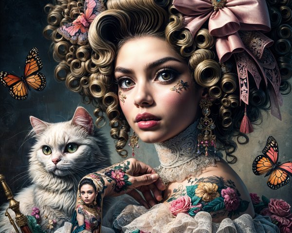 Glamorous Woman Portrait with Cat and Floral Tattoos
