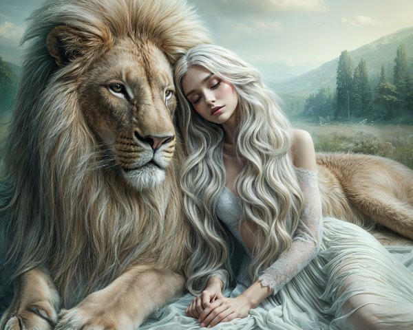 Young Woman and Lion in Serene Landscape Harmony