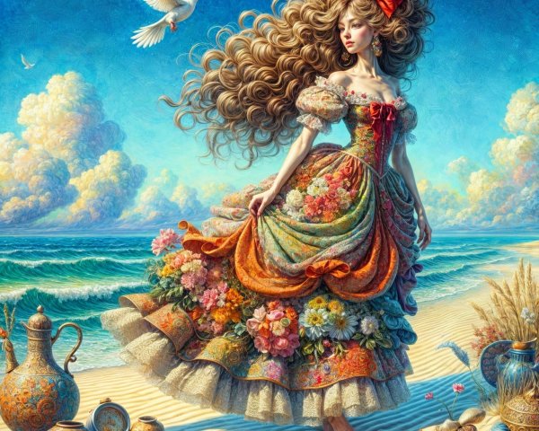 Woman in Flower-Patterned Gown on Sandy Beach