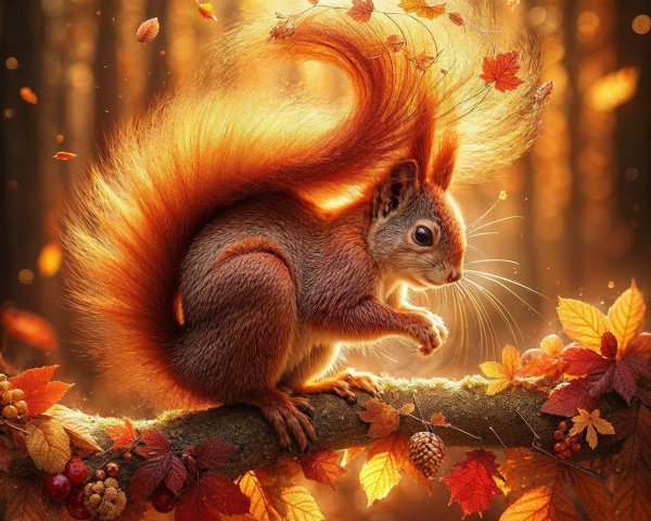 Red Squirrel Among Autumn Leaves in Sunlit Forest
