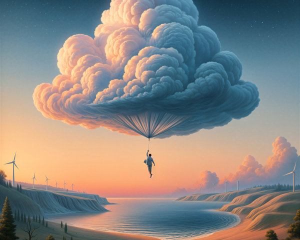Surreal Landscape with Cloud Descent and Wind Turbines
