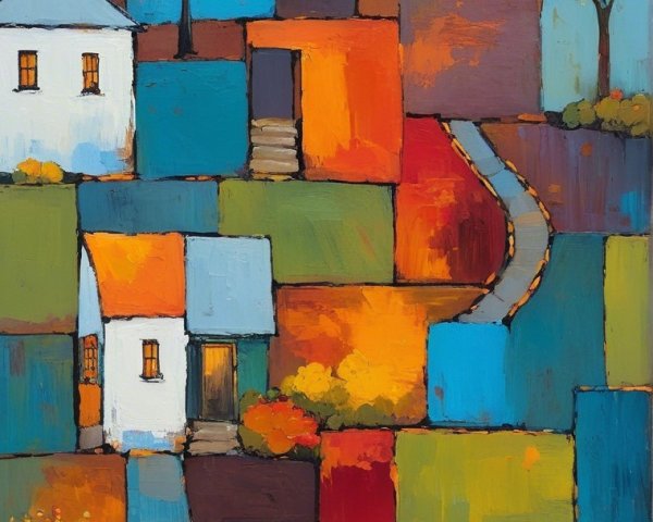 Vibrant Abstract Landscape with Colorful Squares and Houses