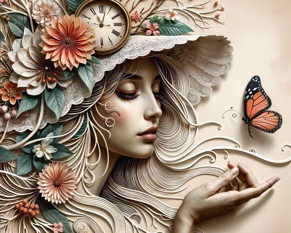 Serene Female Figure with Floral Hat and Butterfly
