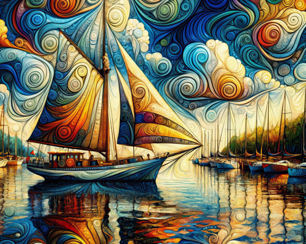 Vibrant Artwork of Sailing Boat on Calm Waters