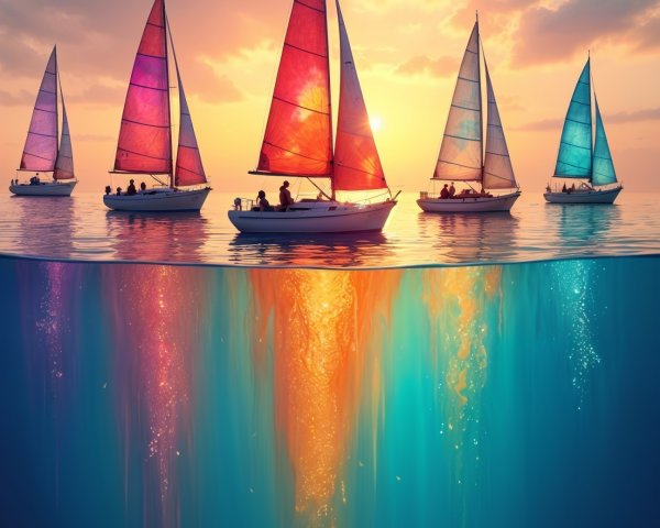 Sailboats on a Colorful Sunset Over a Calm Sea