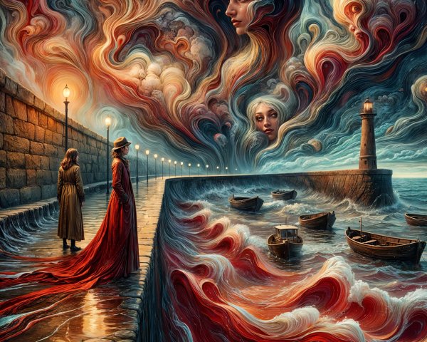 Surreal Shoreline Scene with Figures and Crimson Waves