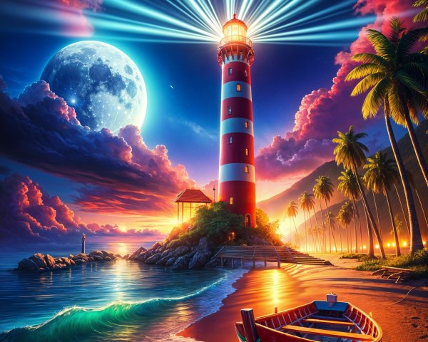 Vibrant Sunset Over Striped Lighthouse and Ocean Scene