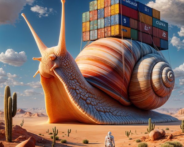 Giant Snail with Shipping Containers in Desert Landscape