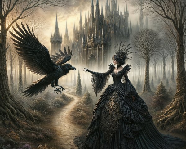 Twilight Landscape with Woman, Raven, and Castle Spires