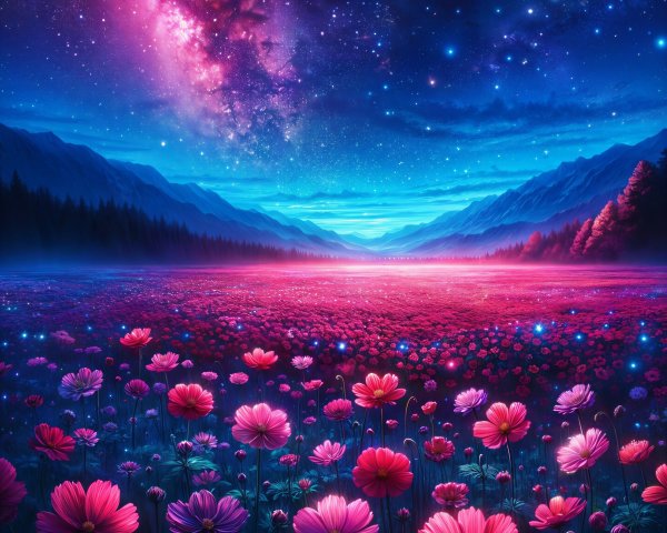 Vibrant Flower Field Under Starry Night Sky