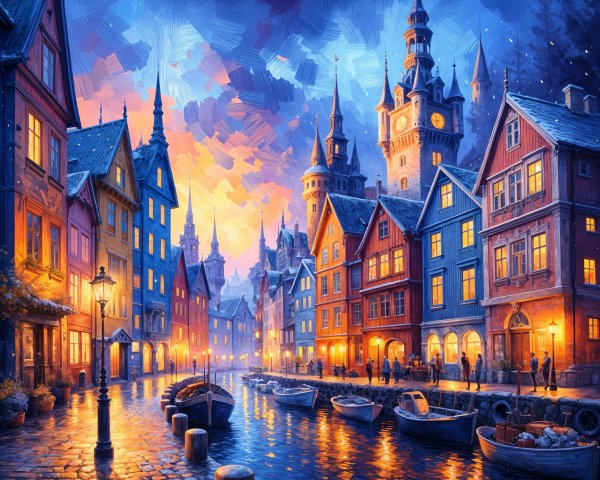 Charming Canal Evening Scene with Colorful Buildings