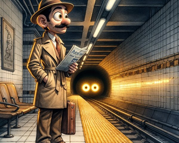 Whimsical Character in Subway Station with Glowing Eyes