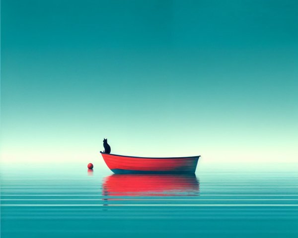 Lone Boat on Tranquil Waters with Black Cat and Buoy
