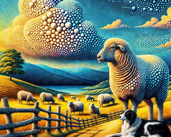 Whimsical Landscape with Sheep and Vibrant Sky