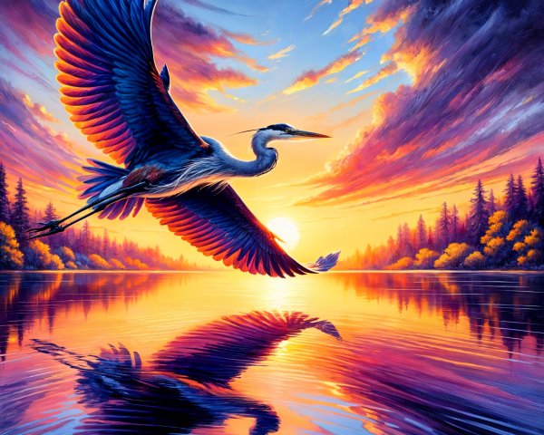 Heron Flying Over Sunset Lake with Vibrant Colors